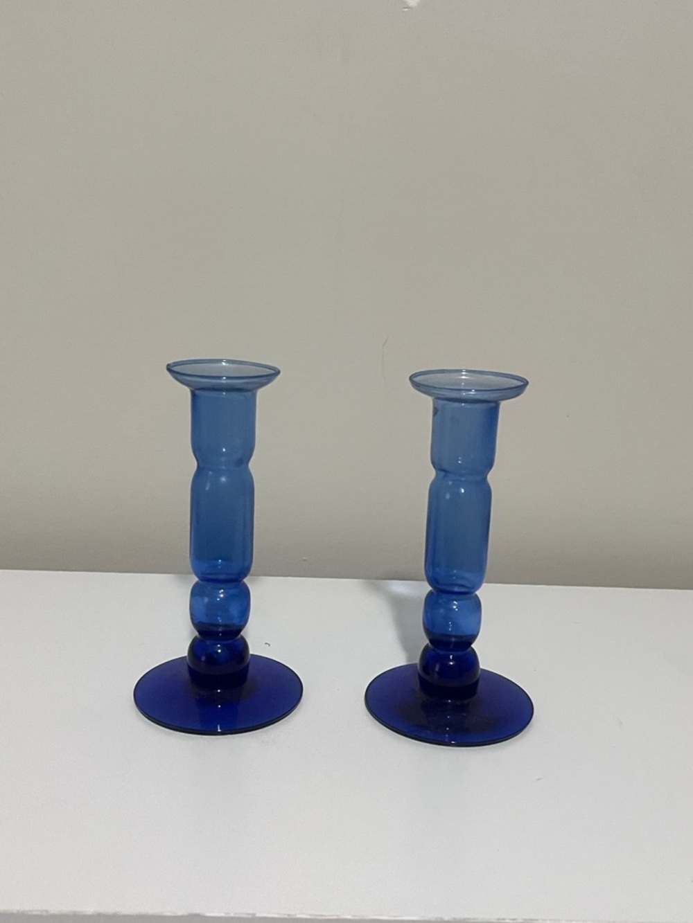 Pair of Vintage Cobalt Blue Glass Candlestick Holders